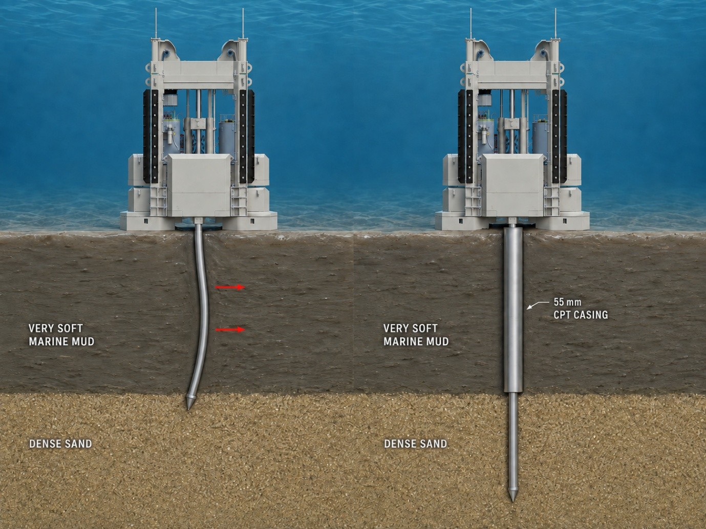 Figure 4: Seabed CPT, Penetration with and without Casing